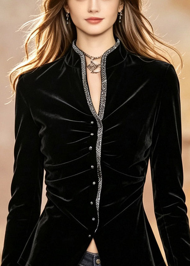 French Black V Neck Sequins Top Long Sleeve