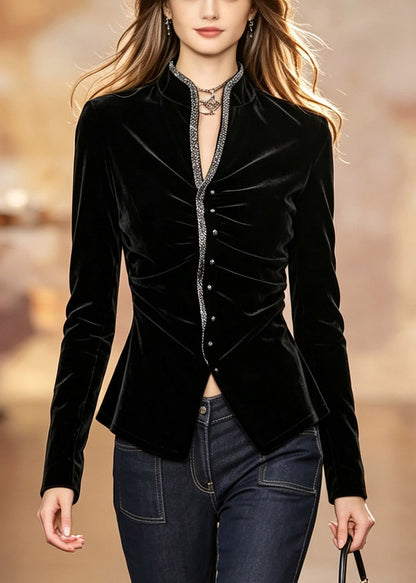 French Black V Neck Sequins Top Long Sleeve
