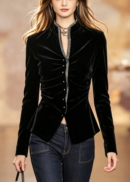 French Black V Neck Sequins Top Long Sleeve