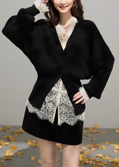French Black V Neck Side Open Knit Coat Fall