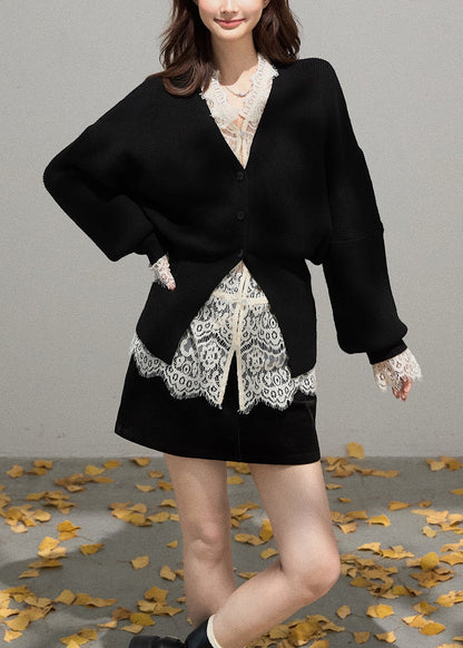 French Black V Neck Side Open Knit Coat Fall