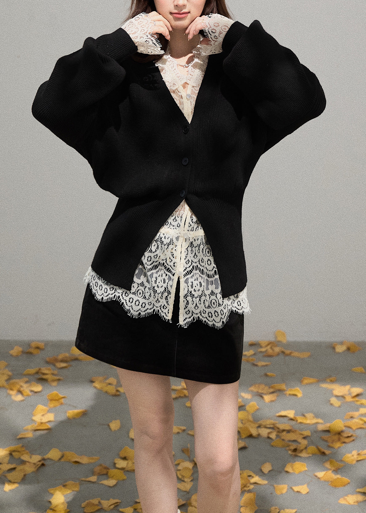 French Black V Neck Side Open Knit Coat Fall