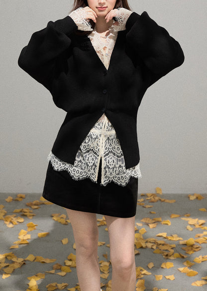 French Black V Neck Side Open Knit Coat Fall