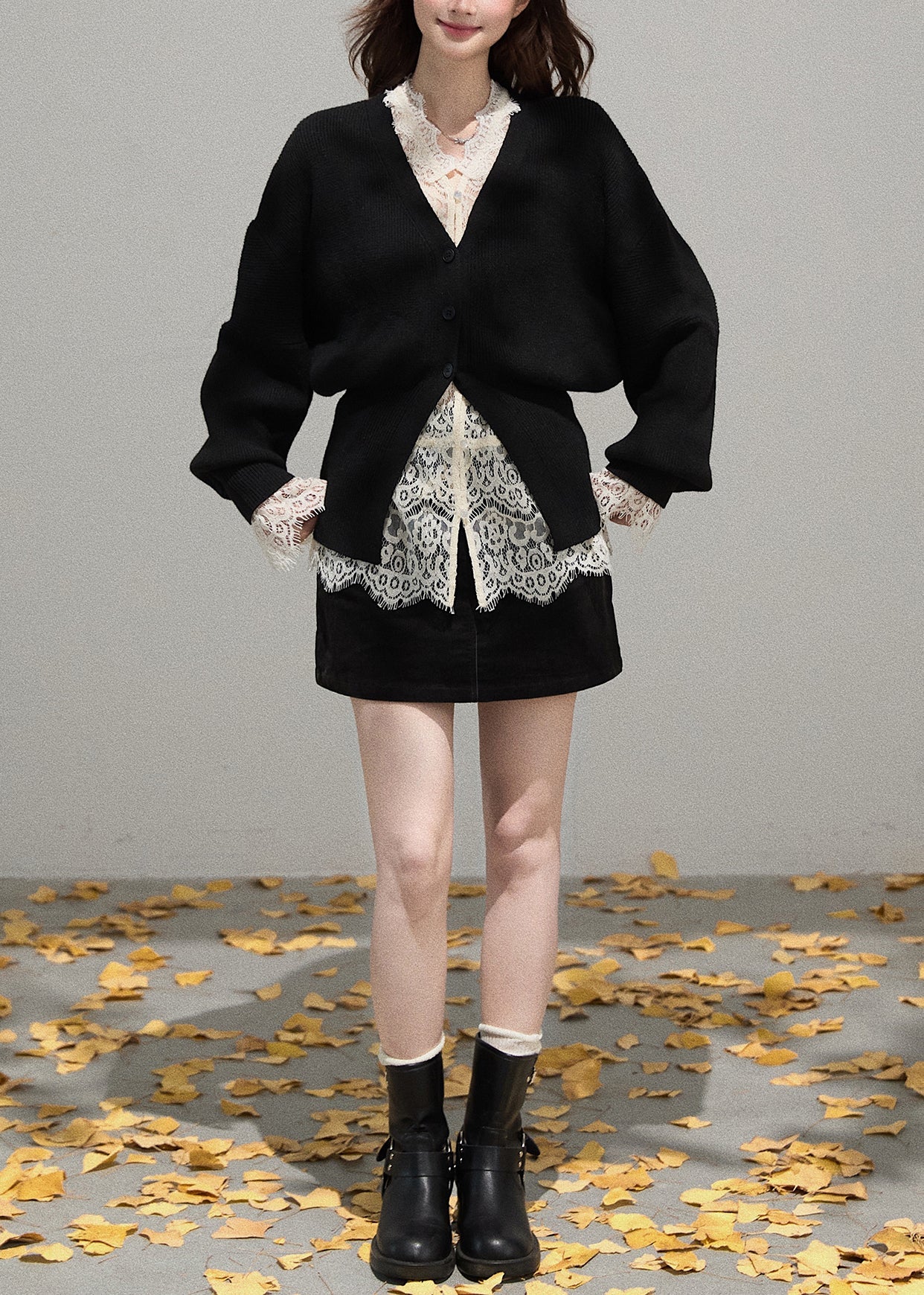 French Black V Neck Side Open Knit Coat Fall