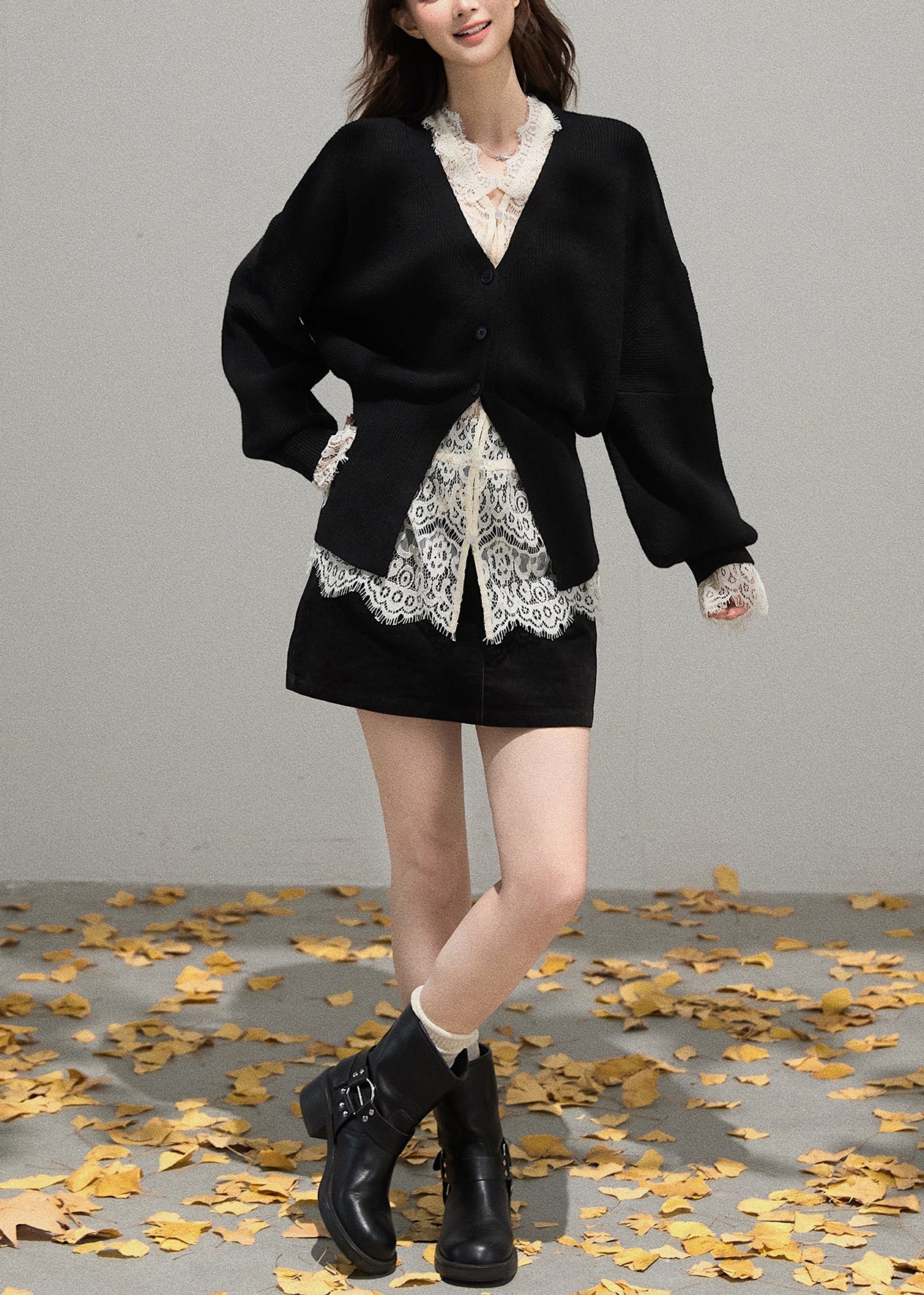 French Black V Neck Side Open Knit Coat Fall