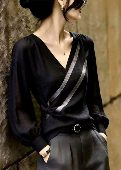 French Black V Neck Striped Tops Long Sleeve