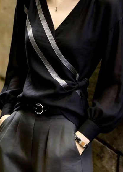 French Black V Neck Striped Tops Long Sleeve