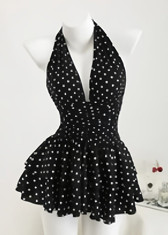 French Black V Neck Tunic Mid Spaghetti Strap Dress Summer