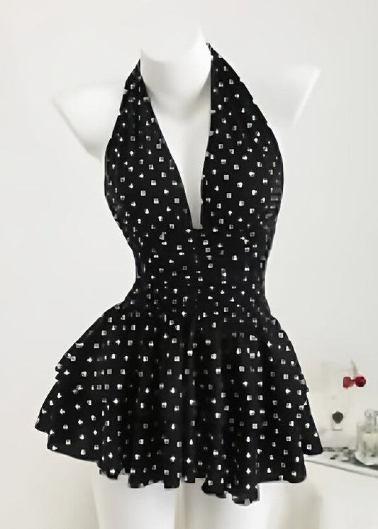 French Black V Neck Tunic Mid Spaghetti Strap Dress Summer