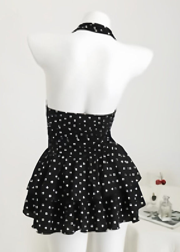 French Black V Neck Tunic Mid Spaghetti Strap Dress Summer