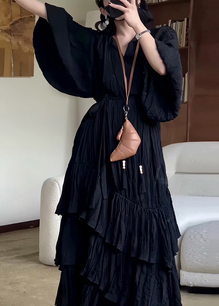 French Black V Neck Wrinkled Solid Cotton Long Dress Fall