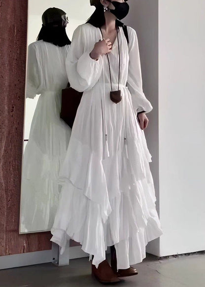 French Black V Neck Wrinkled Solid Cotton Long Dress Fall