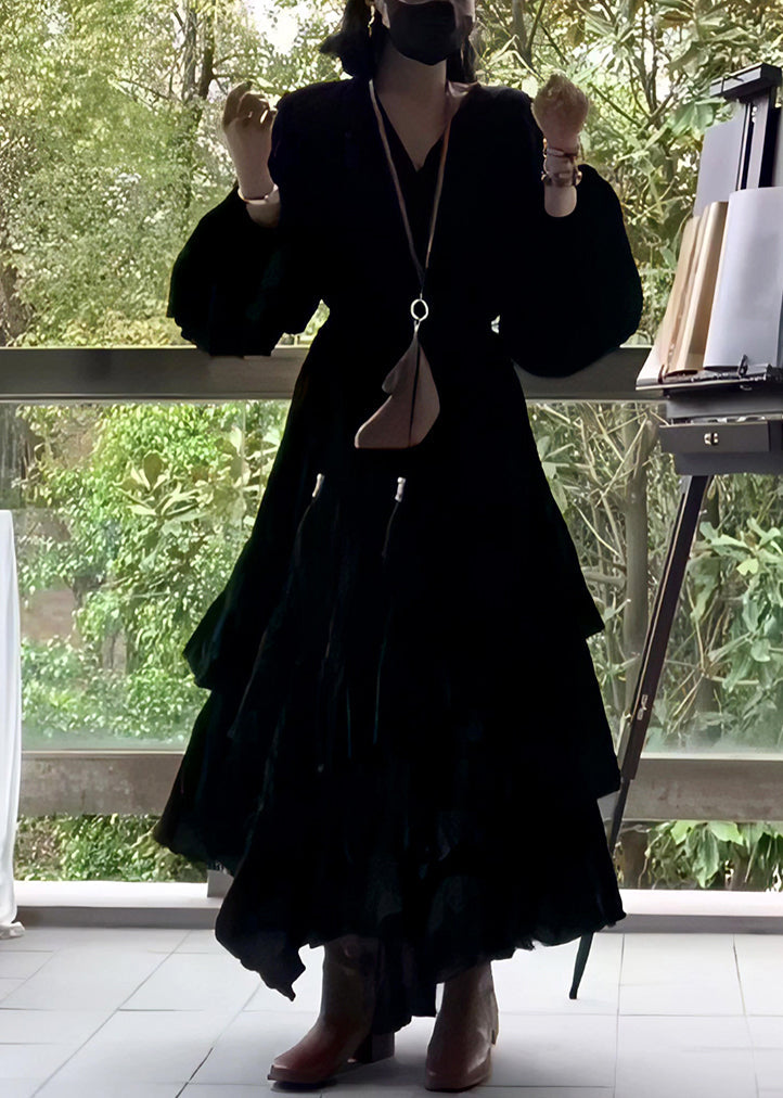 French Black V Neck Wrinkled Solid Cotton Long Dress Fall