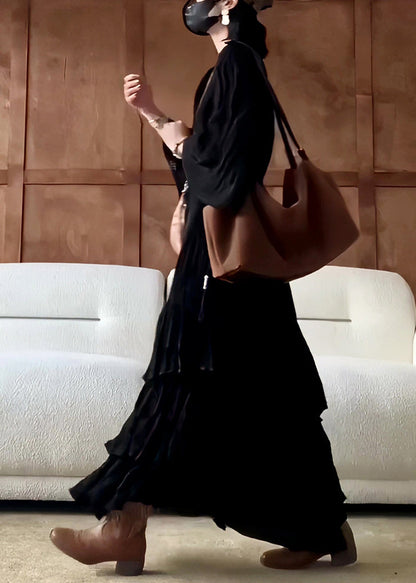 French Black V Neck Wrinkled Solid Cotton Long Dress Fall