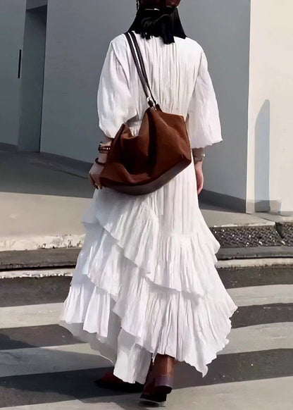 French Black V Neck Wrinkled Solid Cotton Long Dress Fall