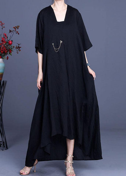 French Black V Neck asymmetrical design Dresses Summer - SooLinen