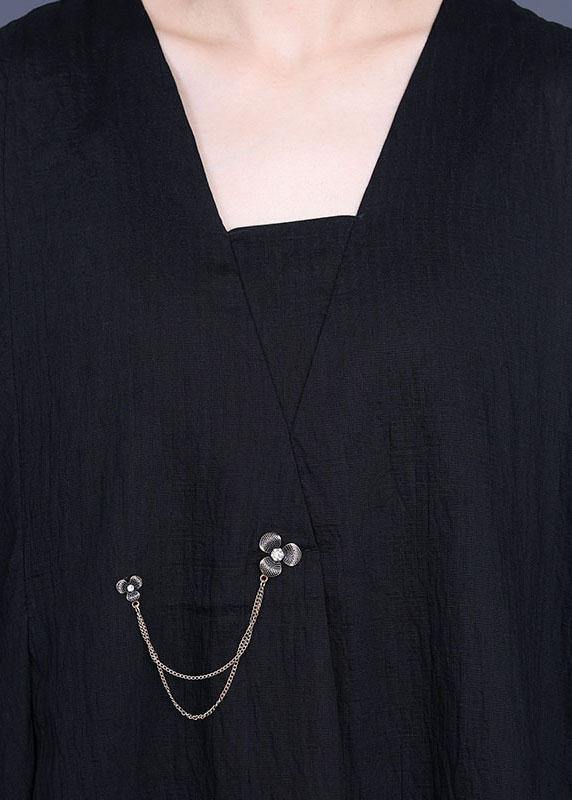 French Black V Neck asymmetrical design Dresses Summer - SooLinen