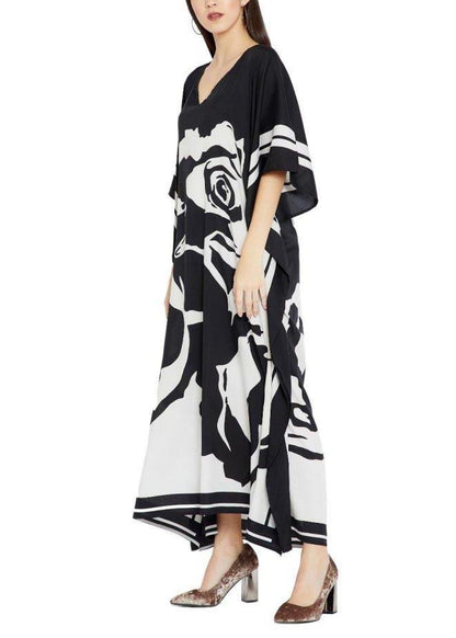 French Black White Floral Half Sleeve kimono robe Mid Chiffon Dress - SooLinen