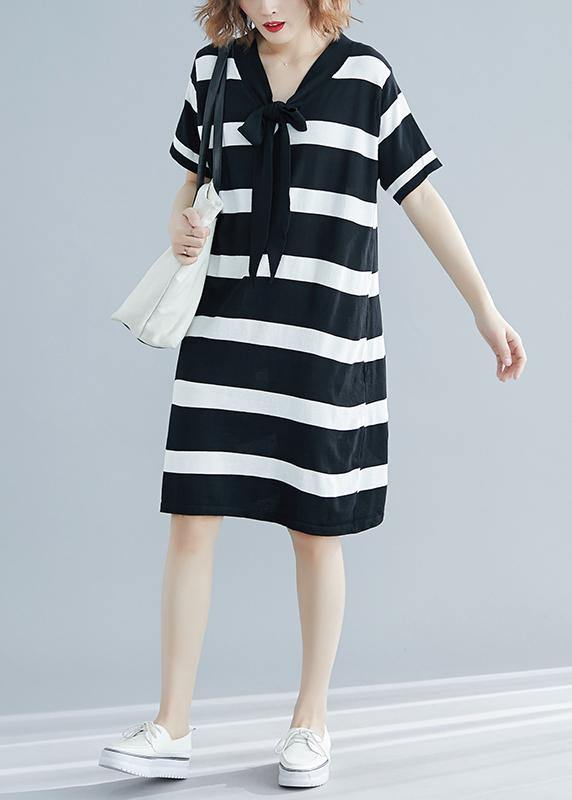 French Black White Wide Striped Cotton Bow Summer Dress - SooLinen