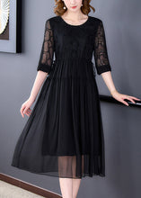 Load image into Gallery viewer, French Black Wrinkled Lace Up Chiffon Long Dress Half Sleeve