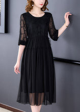 Load image into Gallery viewer, French Black Wrinkled Lace Up Chiffon Long Dress Half Sleeve