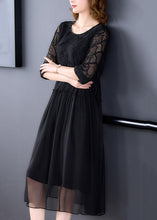 Load image into Gallery viewer, French Black Wrinkled Lace Up Chiffon Long Dress Half Sleeve
