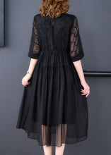 Load image into Gallery viewer, French Black Wrinkled Lace Up Chiffon Long Dress Half Sleeve