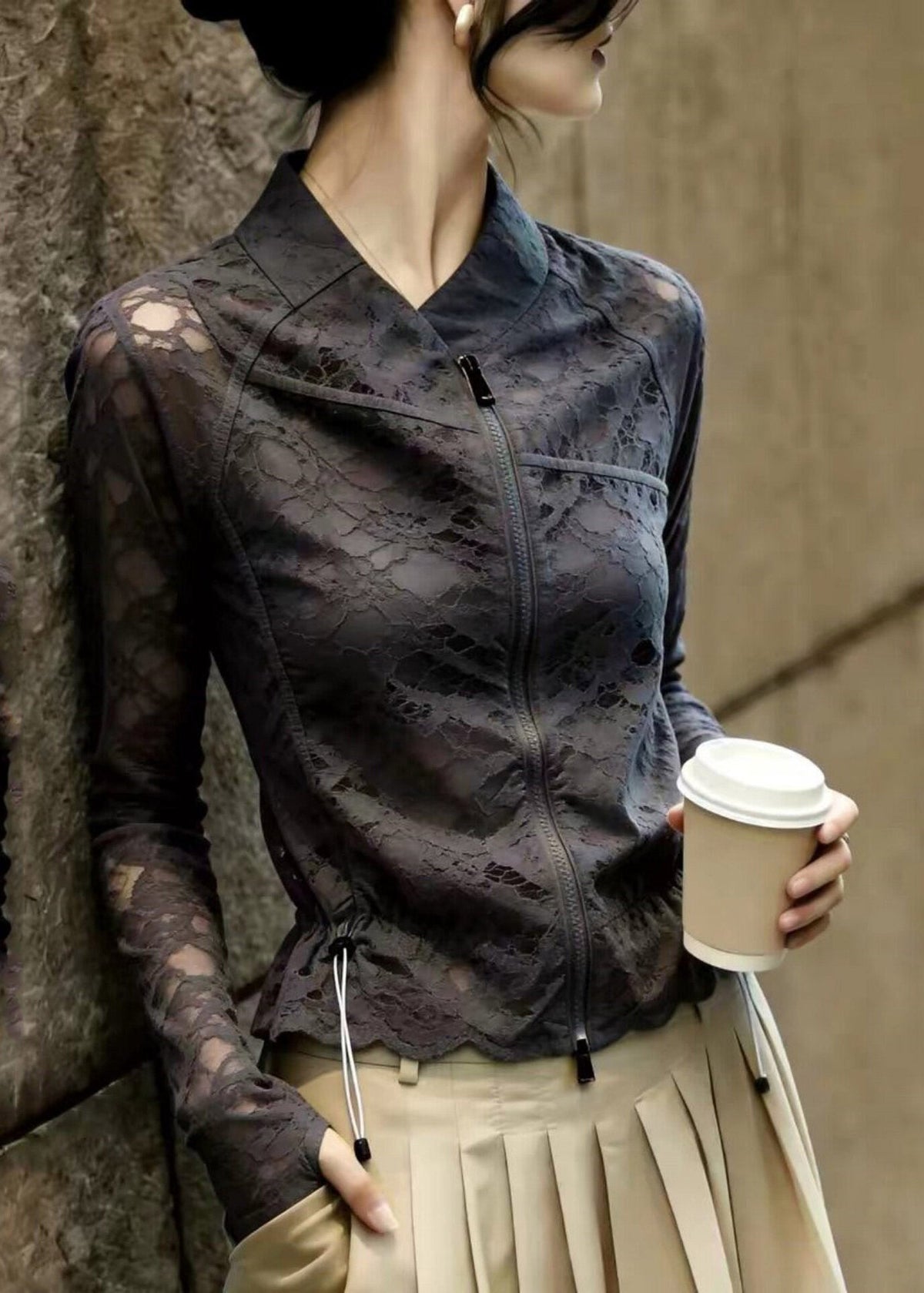 French Black Zippered Drawstring Lace Top Long Sleeve
