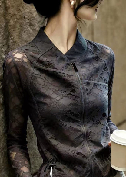 French Black Zippered Drawstring Lace Top Long Sleeve