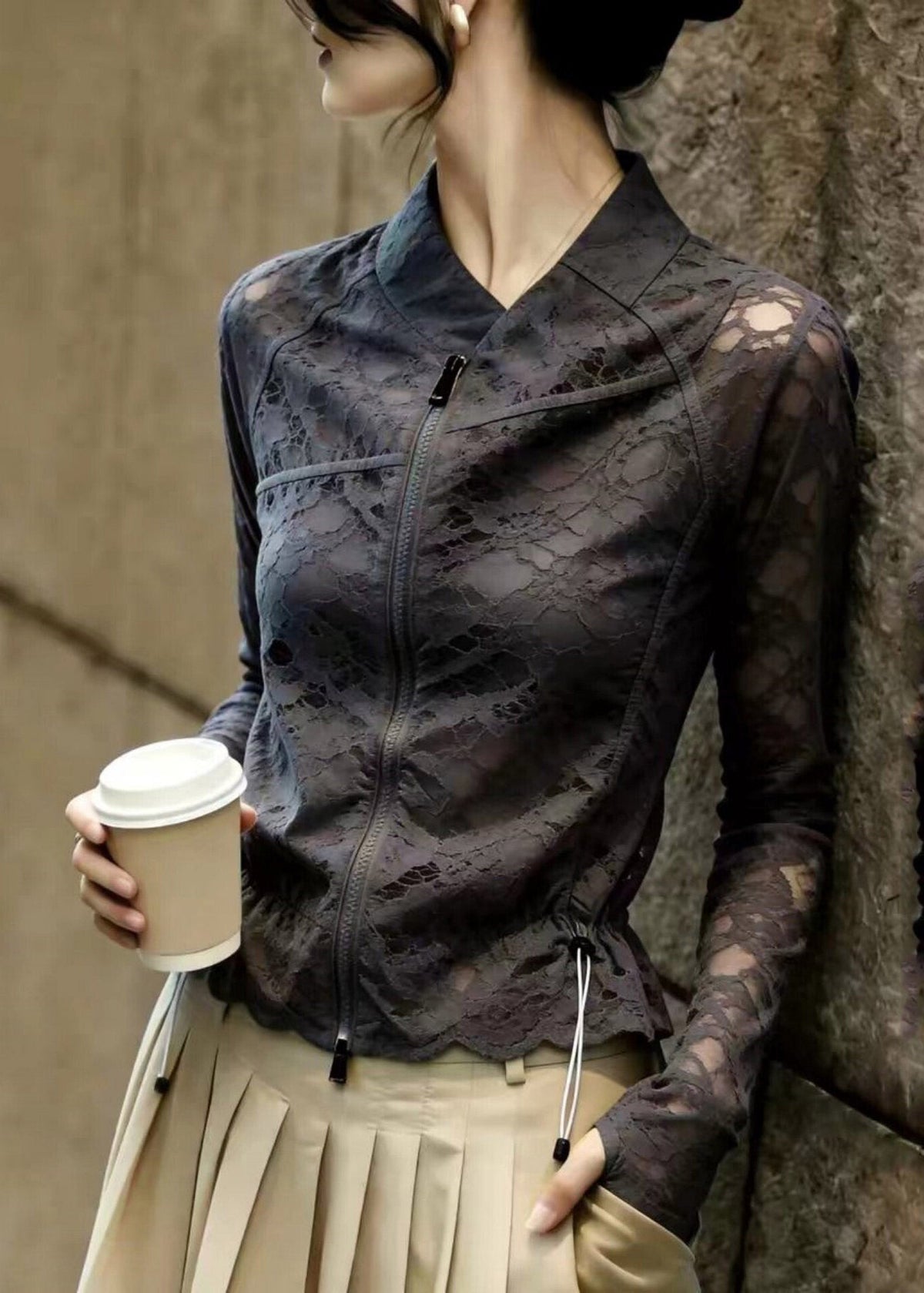 French Black Zippered Drawstring Lace Top Long Sleeve