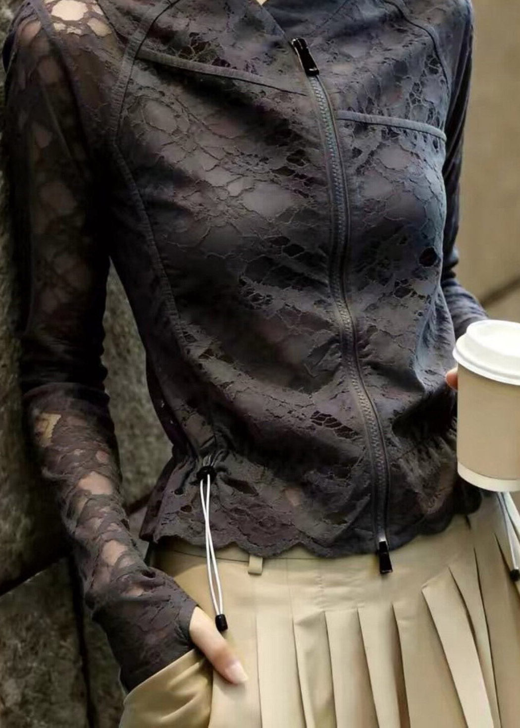 French Black Zippered Drawstring Lace Top Long Sleeve