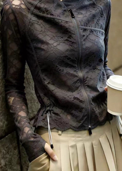French Black Zippered Drawstring Lace Top Long Sleeve