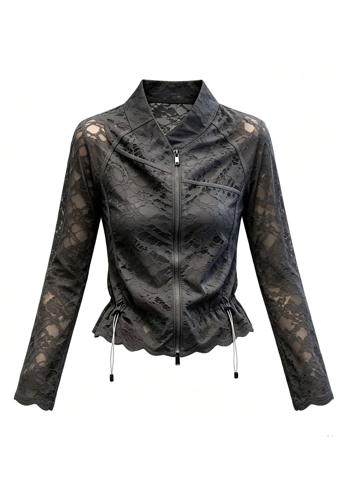 French Black Zippered Drawstring Lace Top Long Sleeve