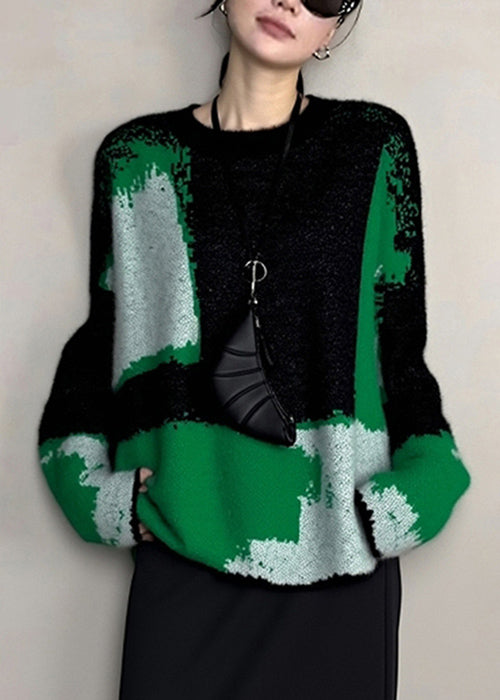 French Blackish Green O Neck Cozy Patchwork Knit Sweaters Winter