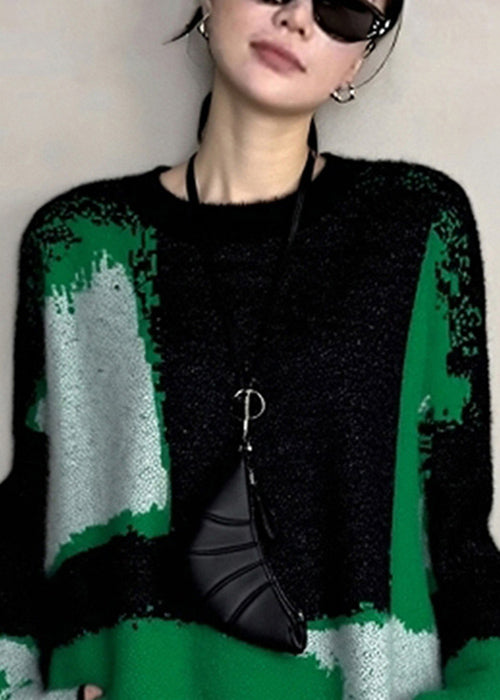 French Blackish Green O Neck Cozy Patchwork Knit Sweaters Winter