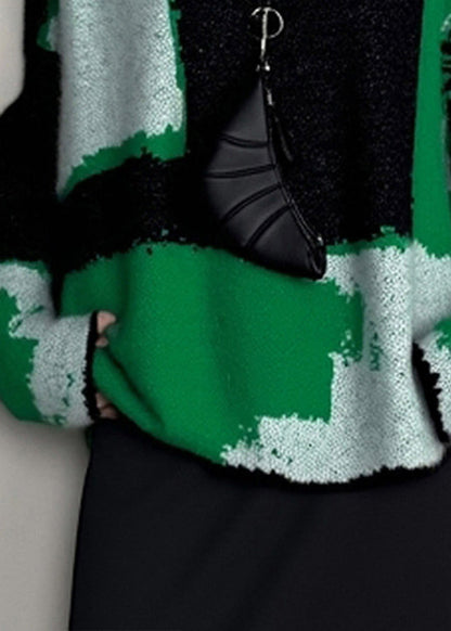 French Blackish Green O Neck Cozy Patchwork Knit Sweaters Winter