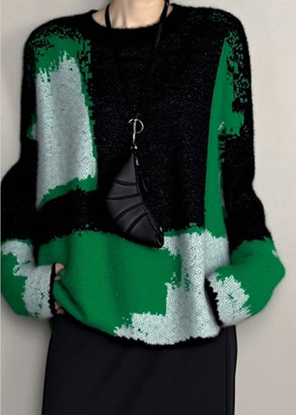 French Blackish Green O Neck Cozy Patchwork Knit Sweaters Winter