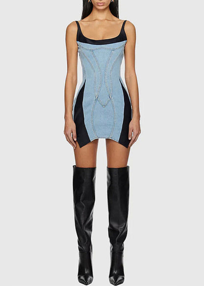 French Blue Asymmetrical Patchwork Denim Mini Dresses Sleeveless