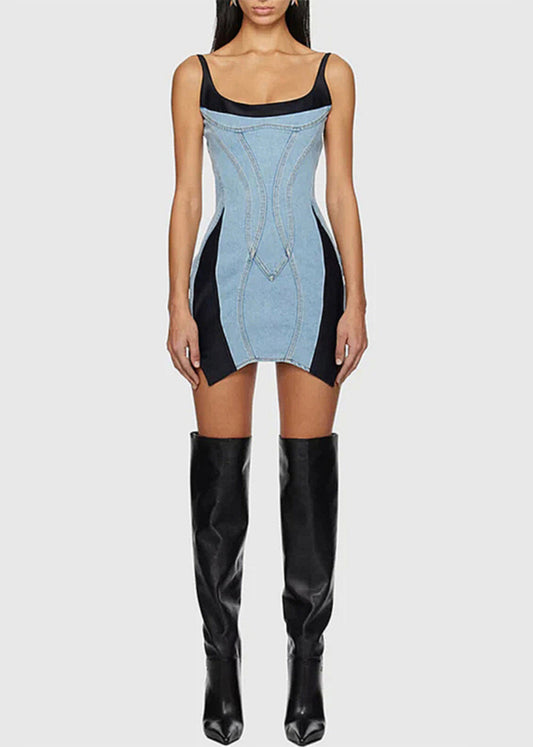 French Blue Asymmetrical Patchwork Denim Mini Dresses Sleeveless