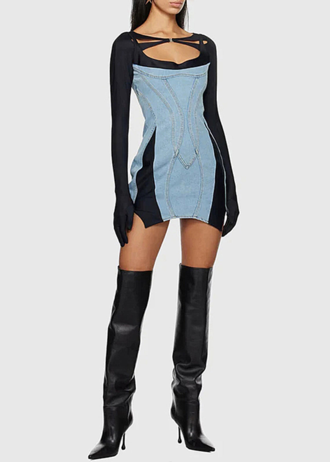 French Blue Asymmetrical Patchwork Denim Mini Dresses Sleeveless