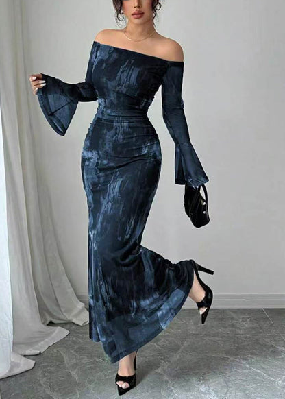 French Blue Cold Shoulder Design Tie Dye Cotton Long Dress Flare Sleeve