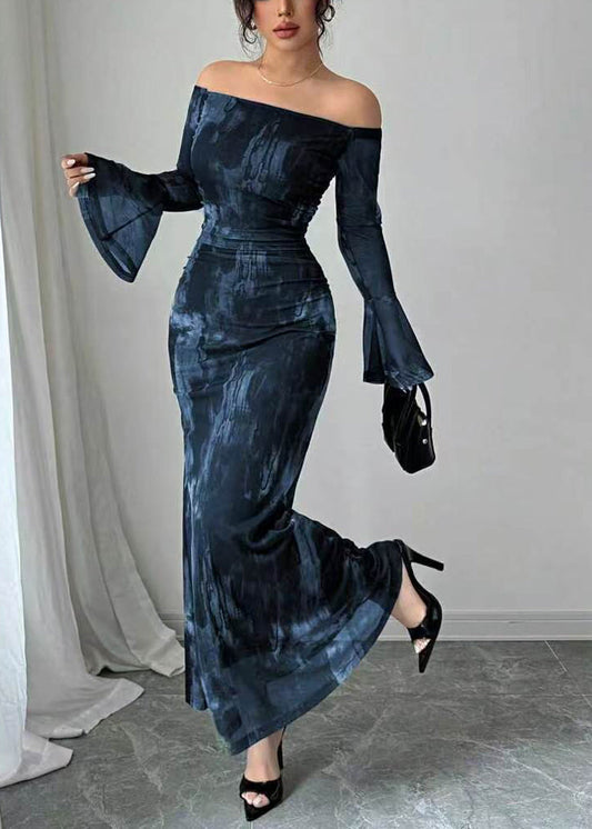 French Blue Cold Shoulder Design Tie Dye Cotton Long Dress Flare Sleeve