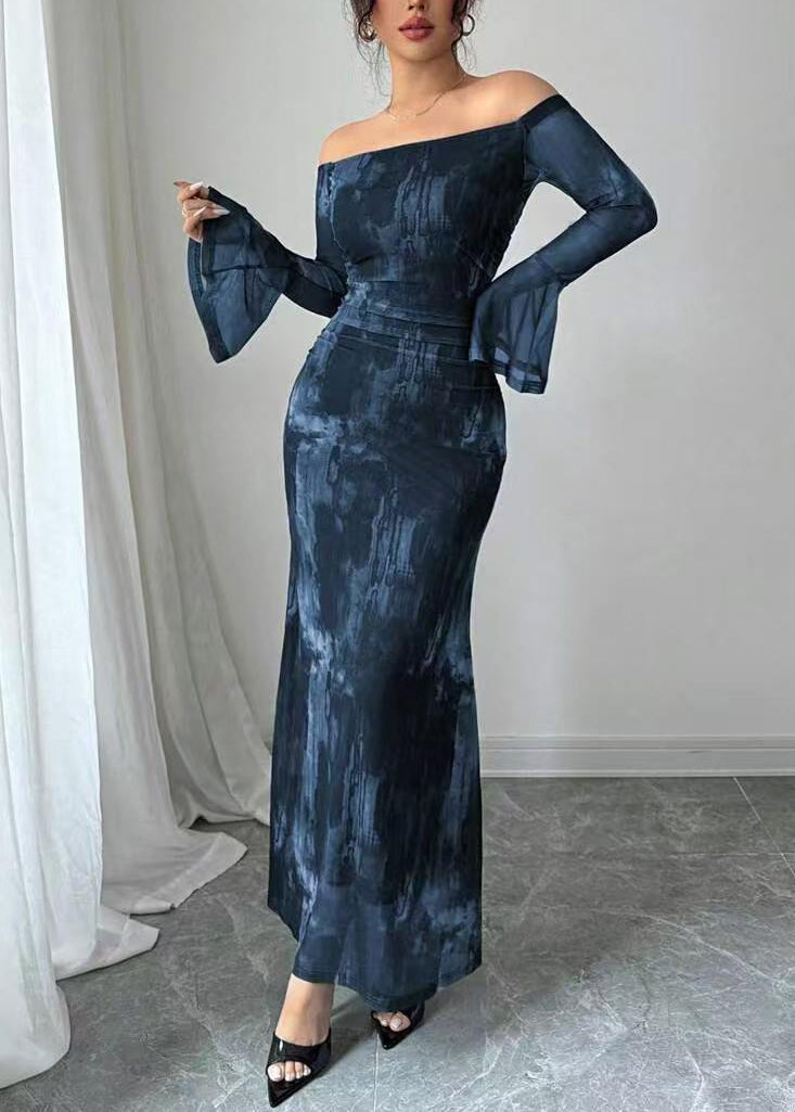 French Blue Cold Shoulder Design Tie Dye Cotton Long Dress Flare Sleeve