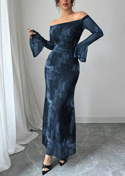French Blue Cold Shoulder Design Tie Dye Cotton Long Dress Flare Sleeve