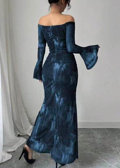 French Blue Cold Shoulder Design Tie Dye Cotton Long Dress Flare Sleeve