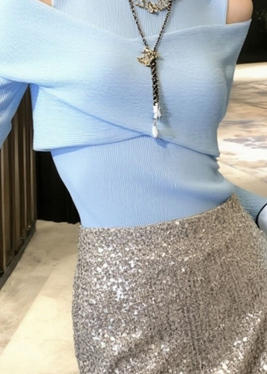 French Blue Cold Shoulder Patchwork Knitted Sweater Tops Spring