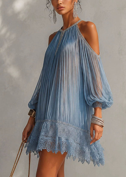 French Blue Cold Shoulder Patchwork Lace Chiffon Pleated Dress Summer
