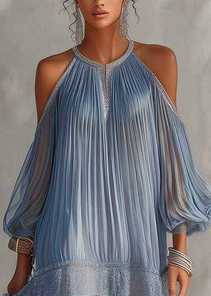 French Blue Cold Shoulder Patchwork Lace Chiffon Pleated Dress Summer