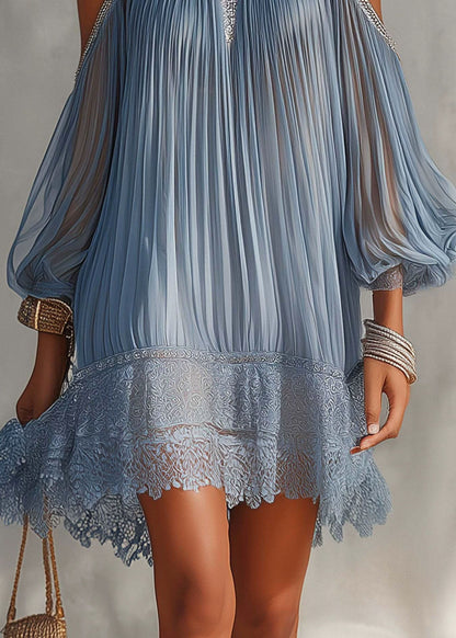 French Blue Cold Shoulder Patchwork Lace Chiffon Pleated Dress Summer