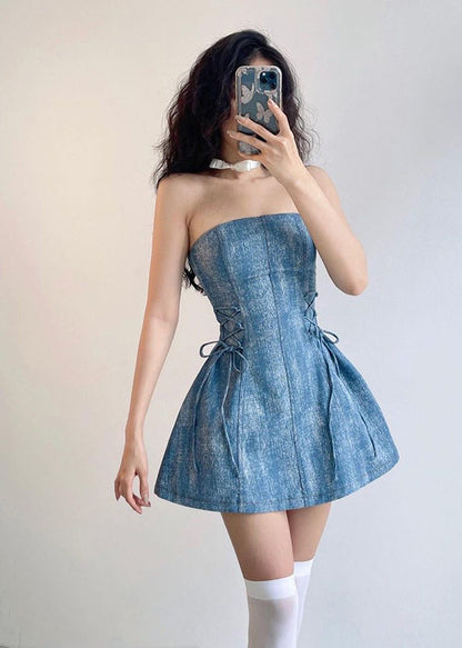 French Blue Cold Shoulder Tie Waist Mini Dress Summer